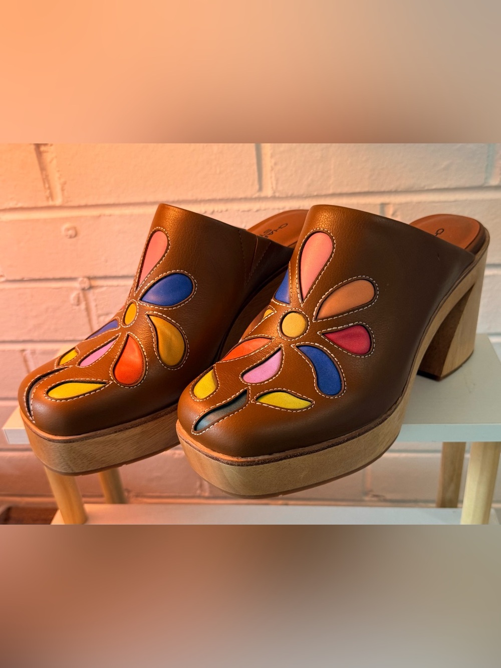 Charlotte Stone Floral Leather Platform Clogs Size 10 NWOT 70s Retro Multicolor - Picture 3 of 8
